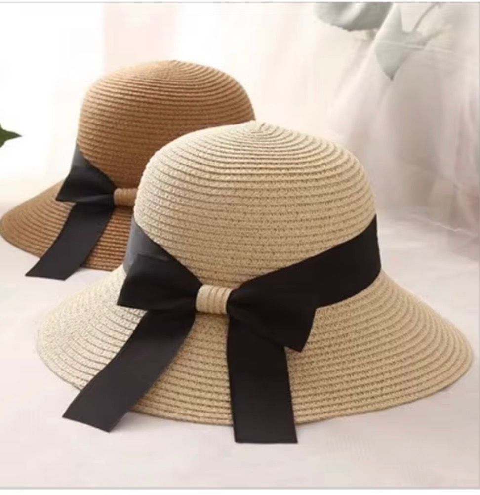 Straw Hat Black Bow Matching Daughter